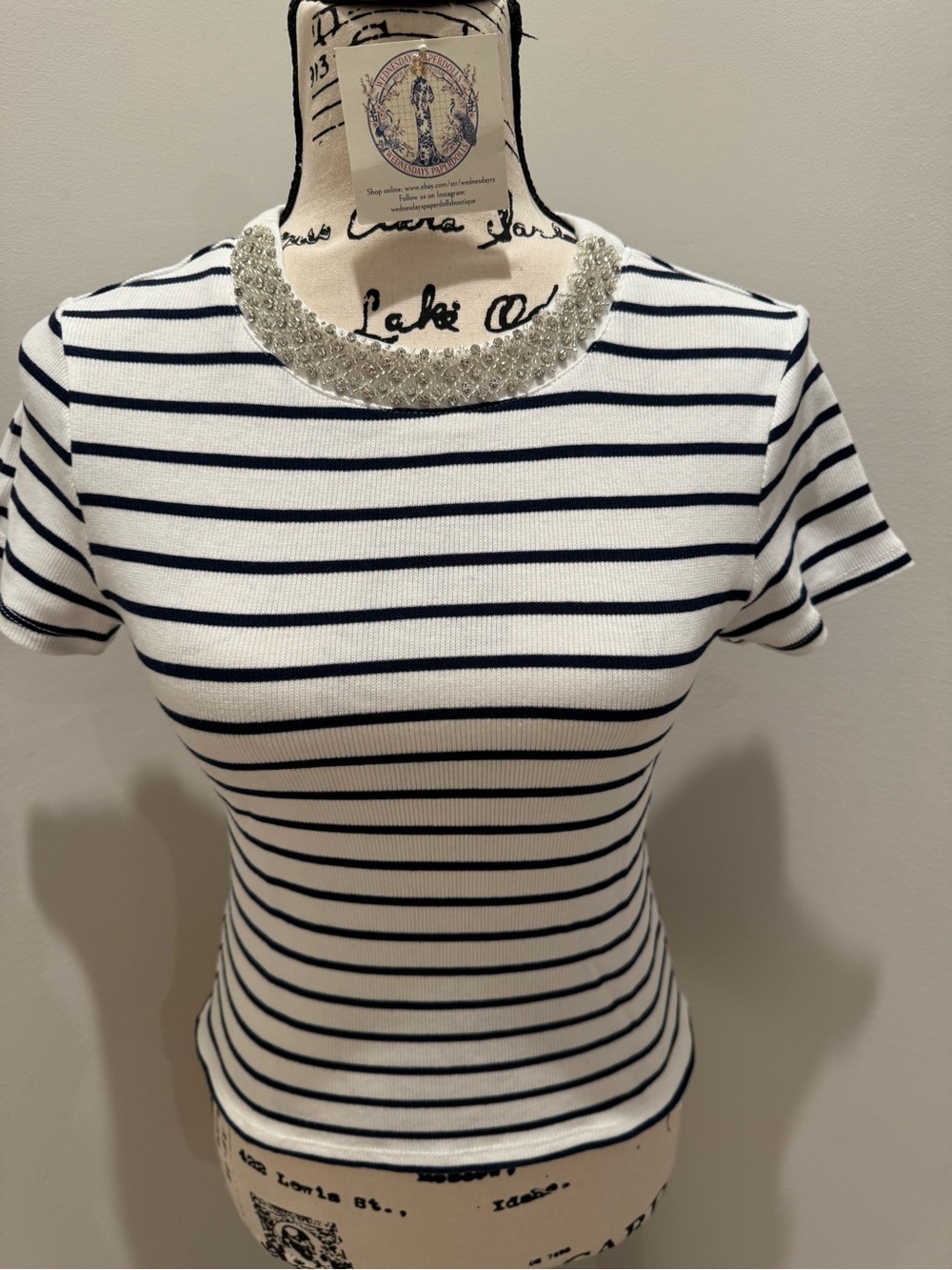 Maison D'Amelie Paris Blue & White Striped Crew Rhinestone Detailed Collar Shirt